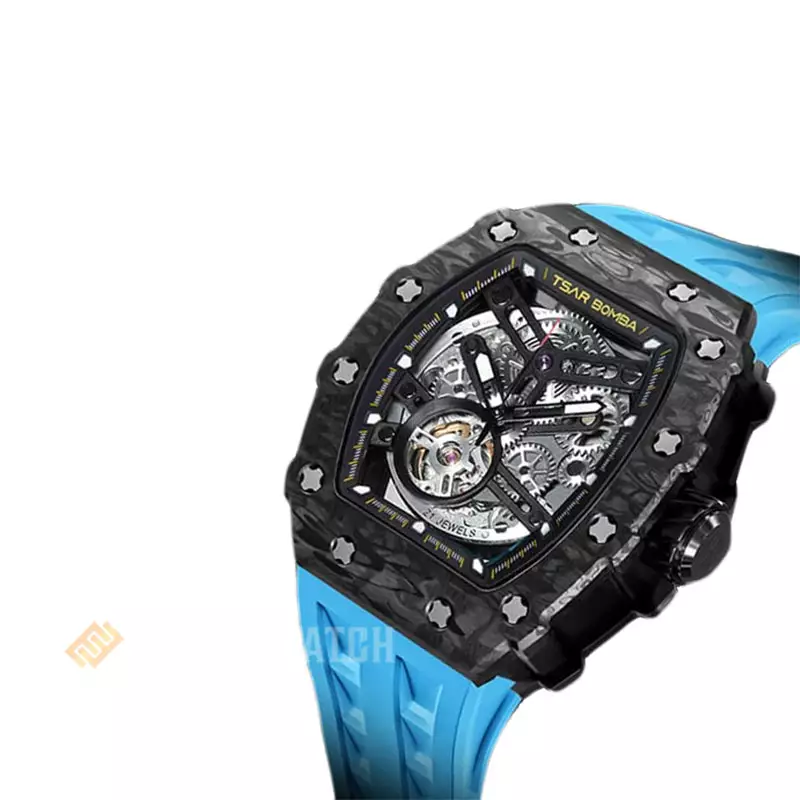 Jam Tangan Pria Tsar Bomba Elemental TB8208CF-11 Carbon Fiber Automatic Skeleton Dial Light Blue Rubber Strap