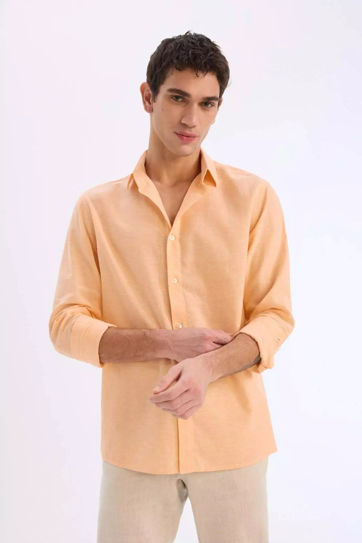 Regular Fit Polo Collar Linen Blended Summer Long Sleeve Shirt E0555Ax25Sm