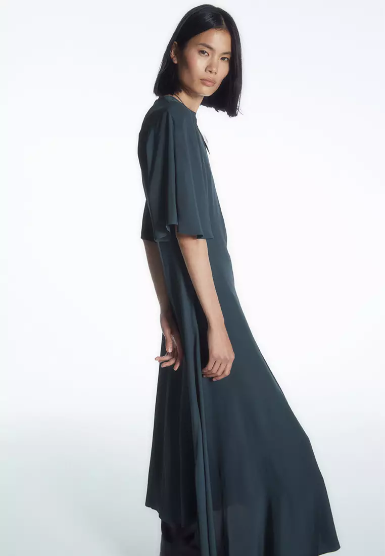 ASYMMETRIC DRAPED MIDI DRESS