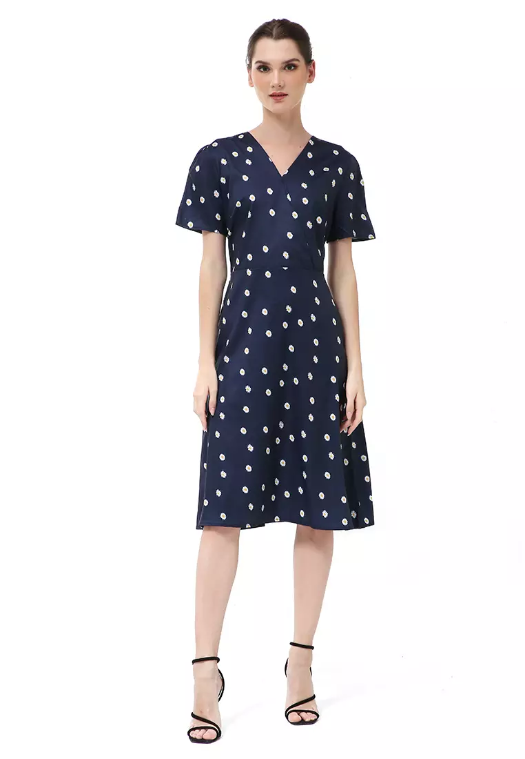 Rachel Dress Wanita Lengan Pendek Motif Polka Material Chiffon ORIGINAL - Dark Blue