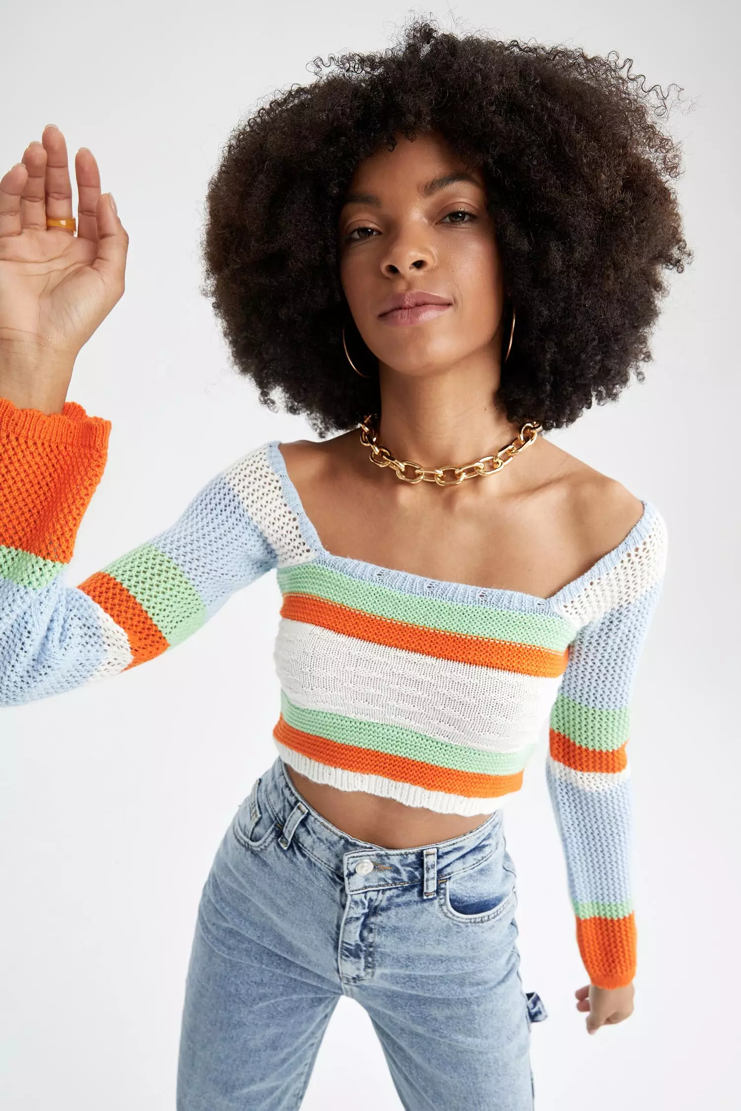 Slim Fit Square Collar Color Block Crochet Knitwear Sweater