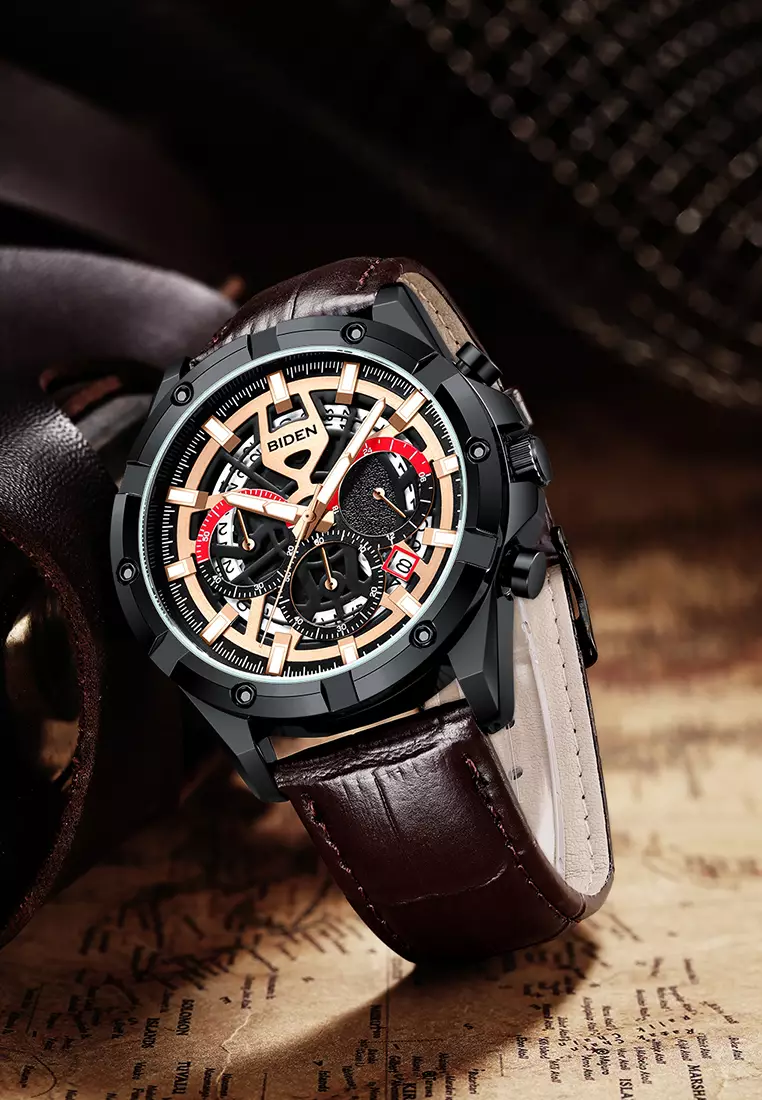 Jam Tangan Pria Original Kalender Sports Anti Air Tali Kulit Jam Tangan Cowok Brown black