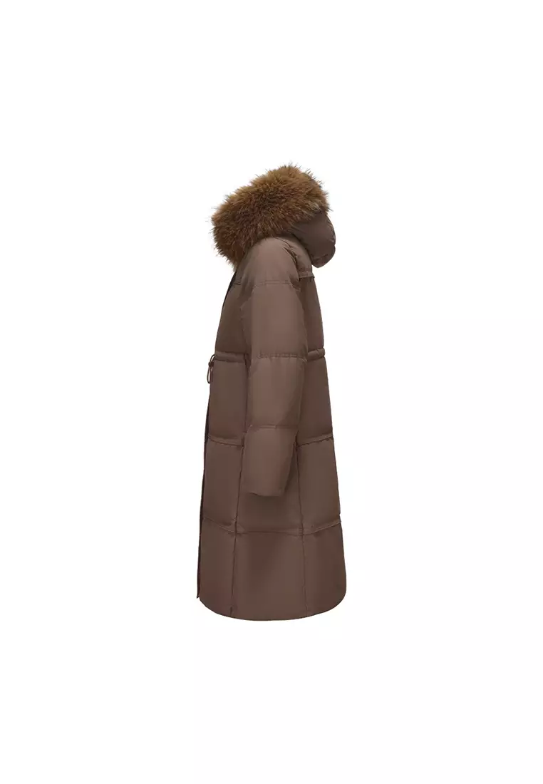 Plush Faux Fur-Trimmed Hood Mid-Length Down Jacket
