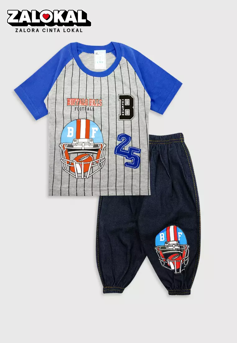 Wakakids Setelan Anak Laki Laki Celana Jeans Jogger Football 3459 Biru