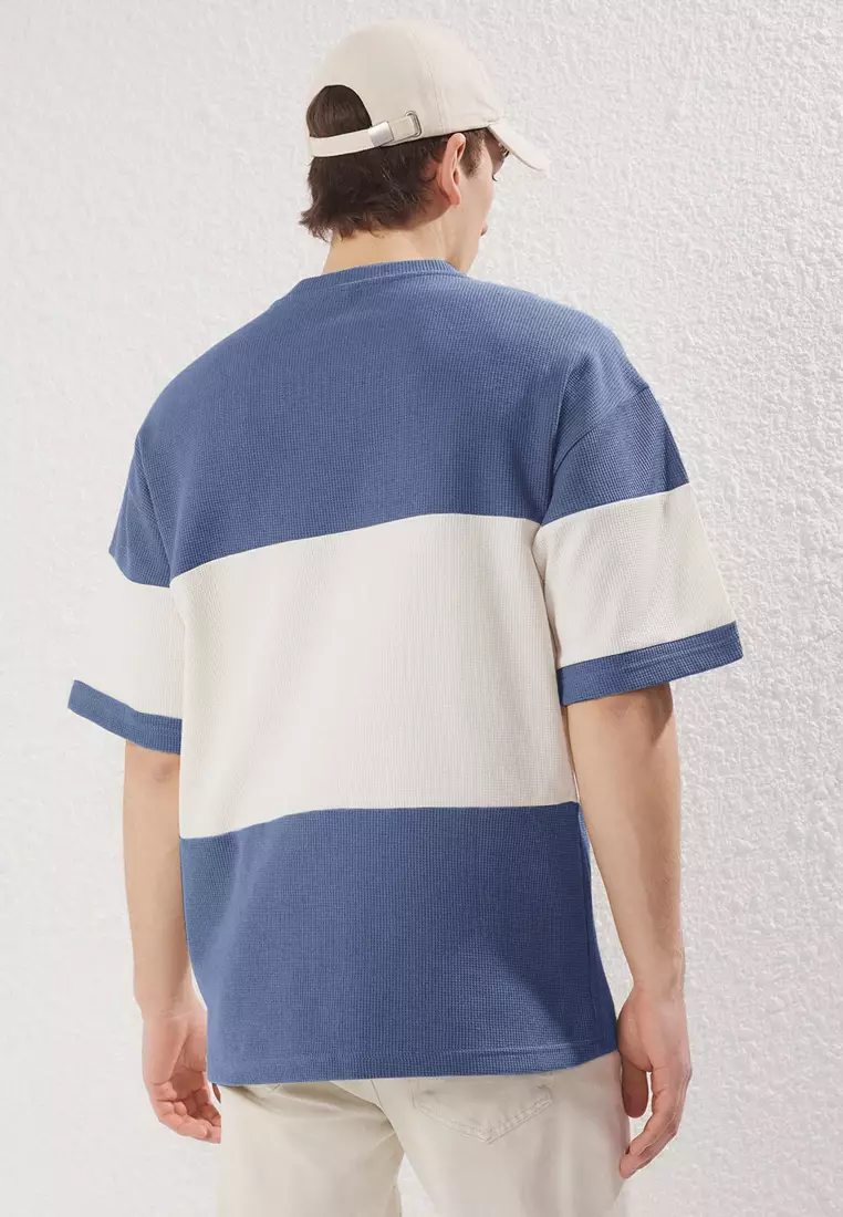 Indigo Oversize/Wide Cut Color Block Textured T-Shirt TMNSS25TS00065