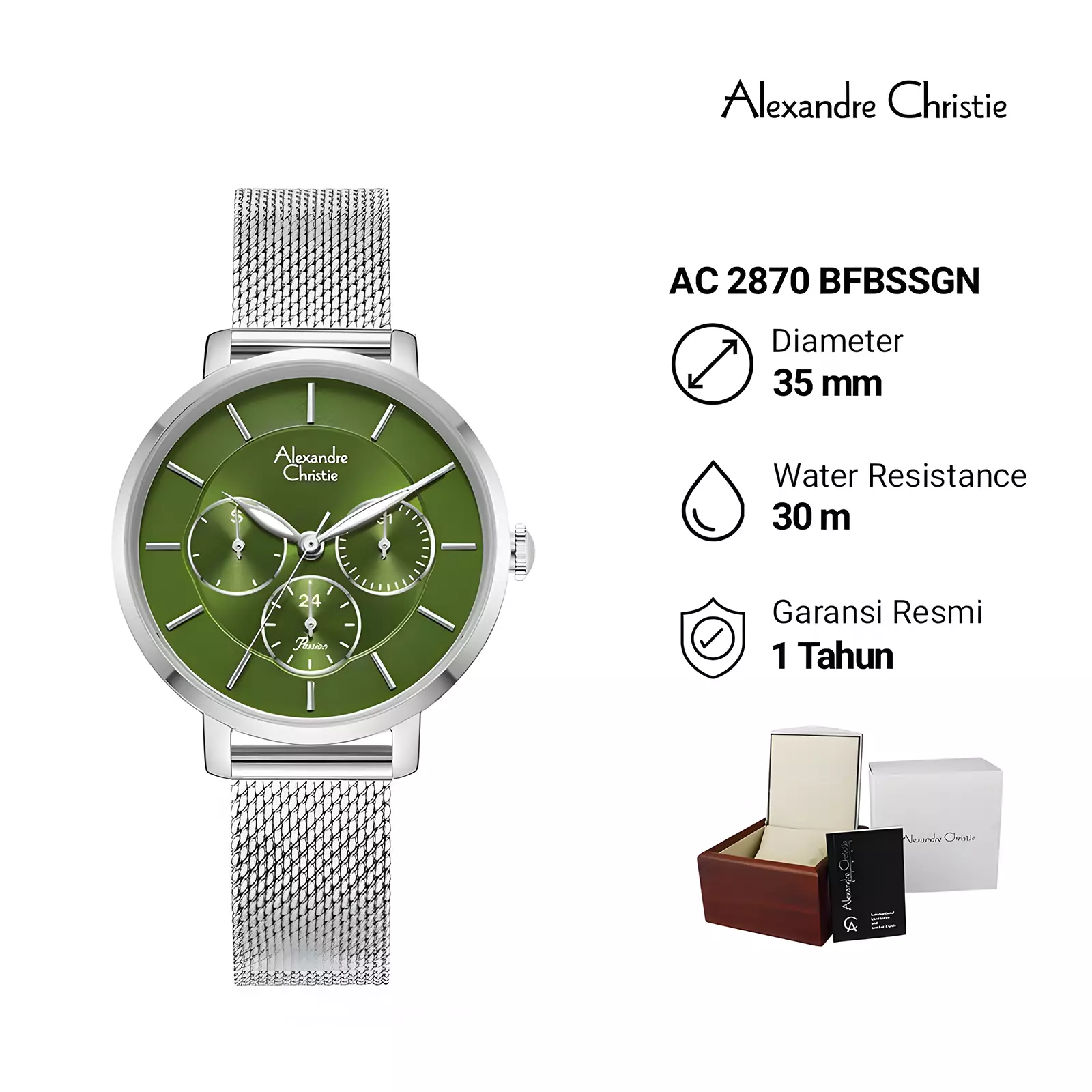 Alexandre Christie Chronograph - Jam Tangan Analog Wanita - Silver Green - All Stainless Steel - 2870 BFBSSGN