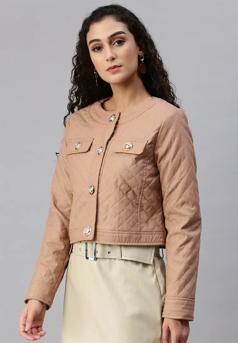 Taupe Faux Leather Quilted Jacket
