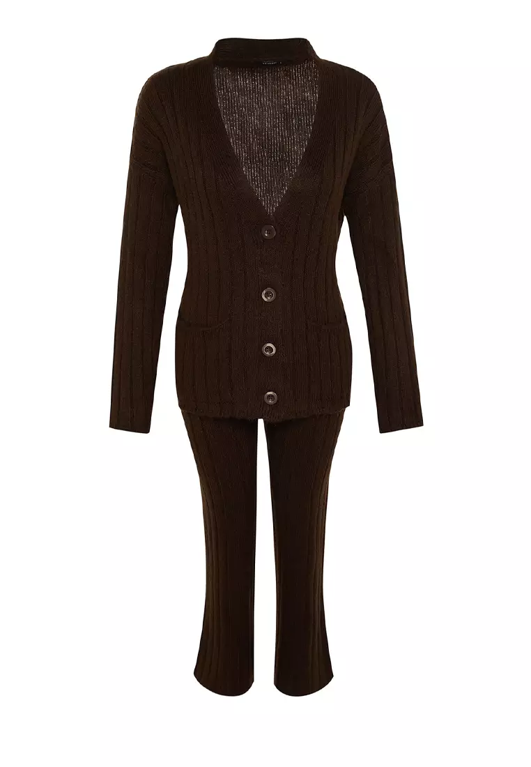 Brown Wide fit Soft Textured Knitwear Top-Top Set TWOAW22AU0128