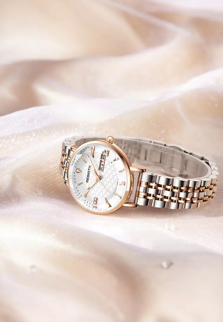 Jam Tangan Wanita Original Anti Air Tali Stainless Steel Jam Kuarsa Santai Mewah Jam Tangan Cewek rosewhite