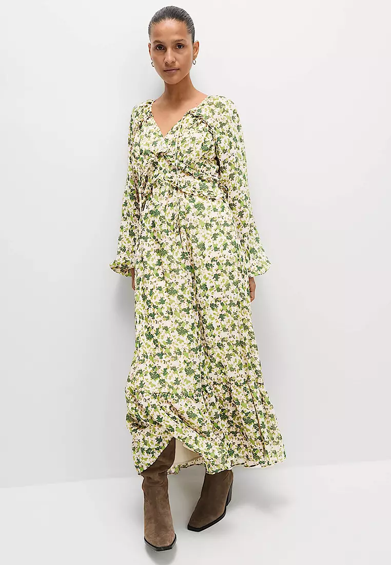 Chiffon Floral V-Neck Midaxi Waisted Dress