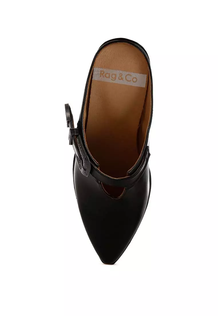 Carved Buckle Statement Mules in Black