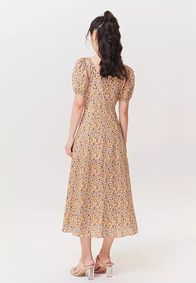 Floral Chiffon Round Neck Long Dress