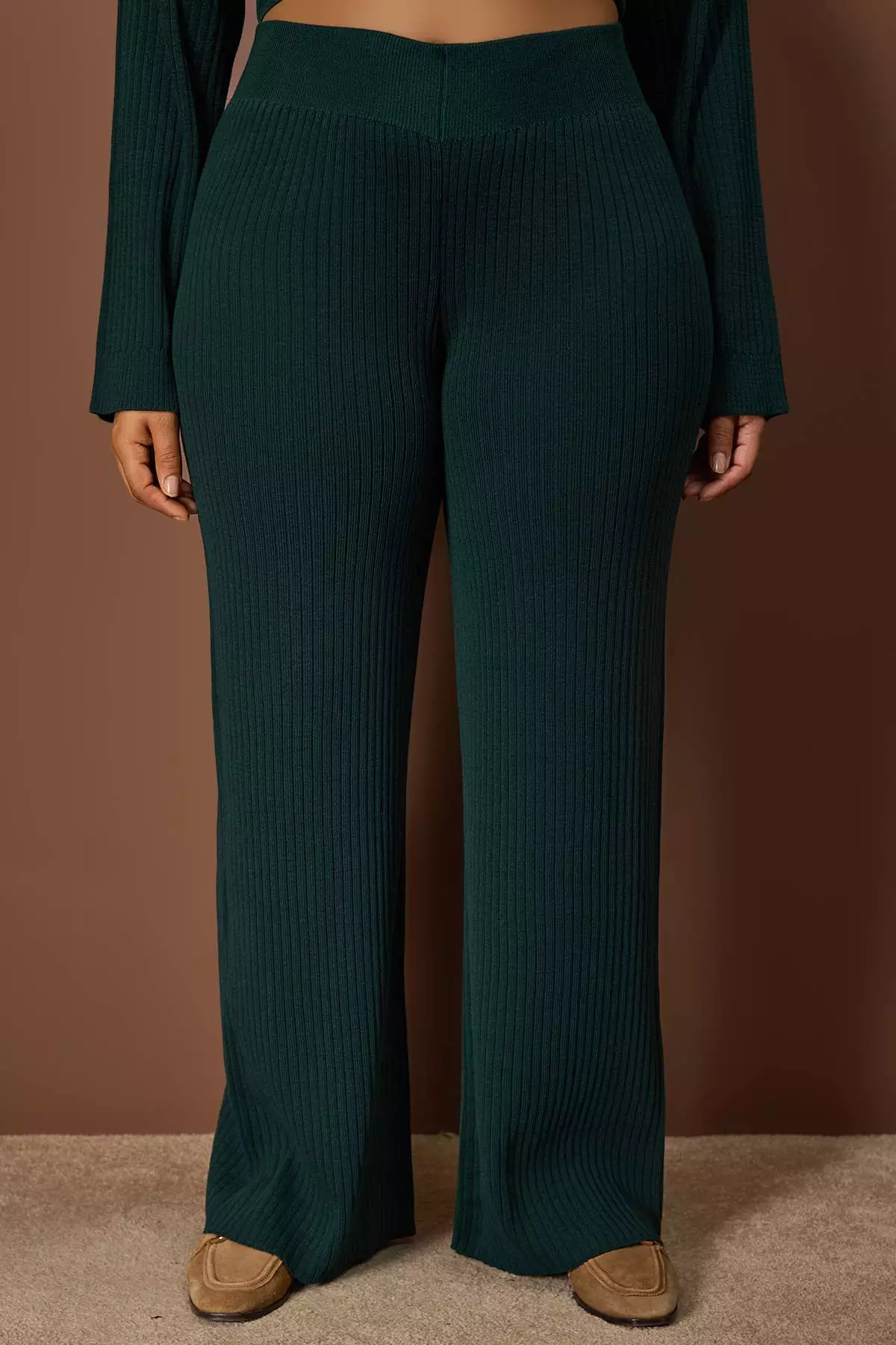 Emerald Green Ribbed Crew Neck Knitwear Sweater Pants Set Tbbaw23Cp00044