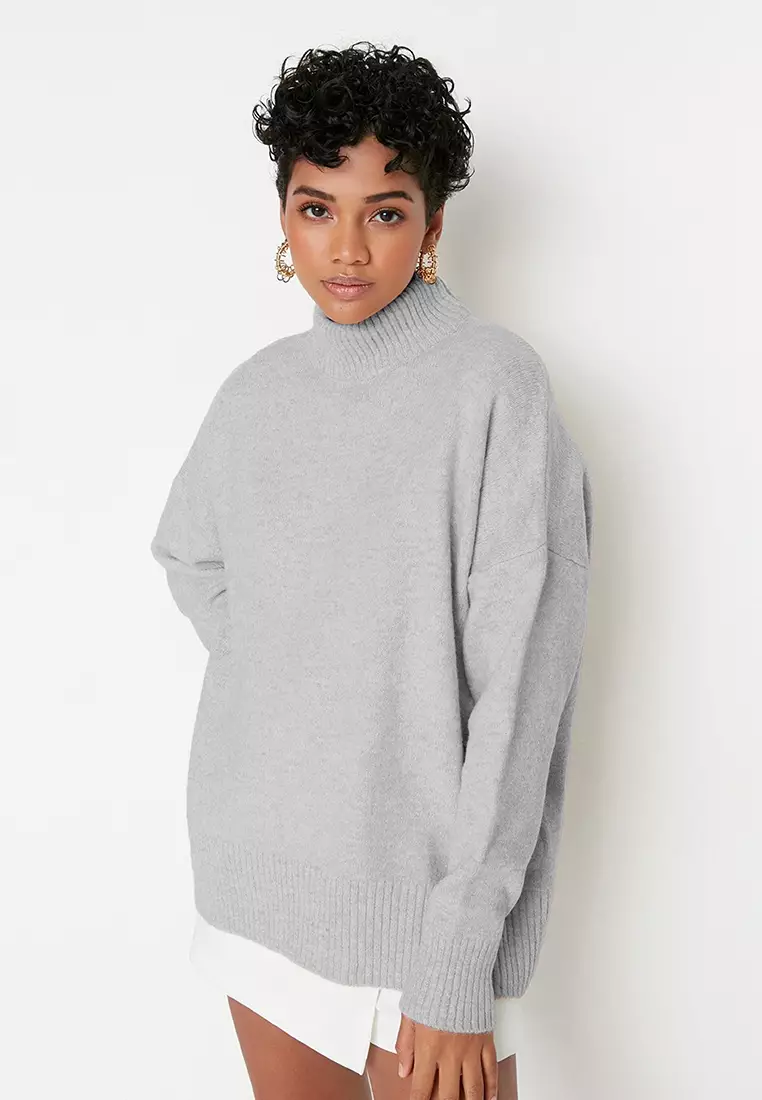 Light Gray Wide Fit Soft Textured Stand Collar Knitwear Sweater