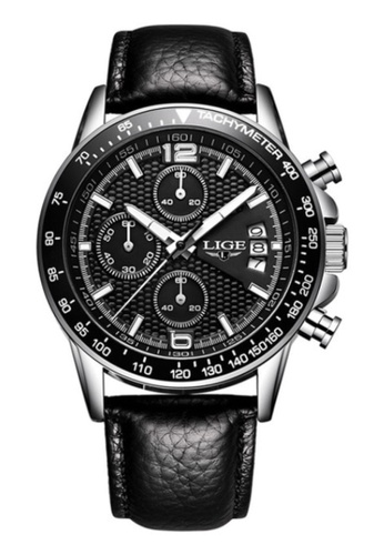 LIGE black and silver LIGE Chronograph Unisex Stainless Steel Quartz Watch, Black Bezel, Black dial on Leather Strap BD09DAC0C7A3C7GS_1
