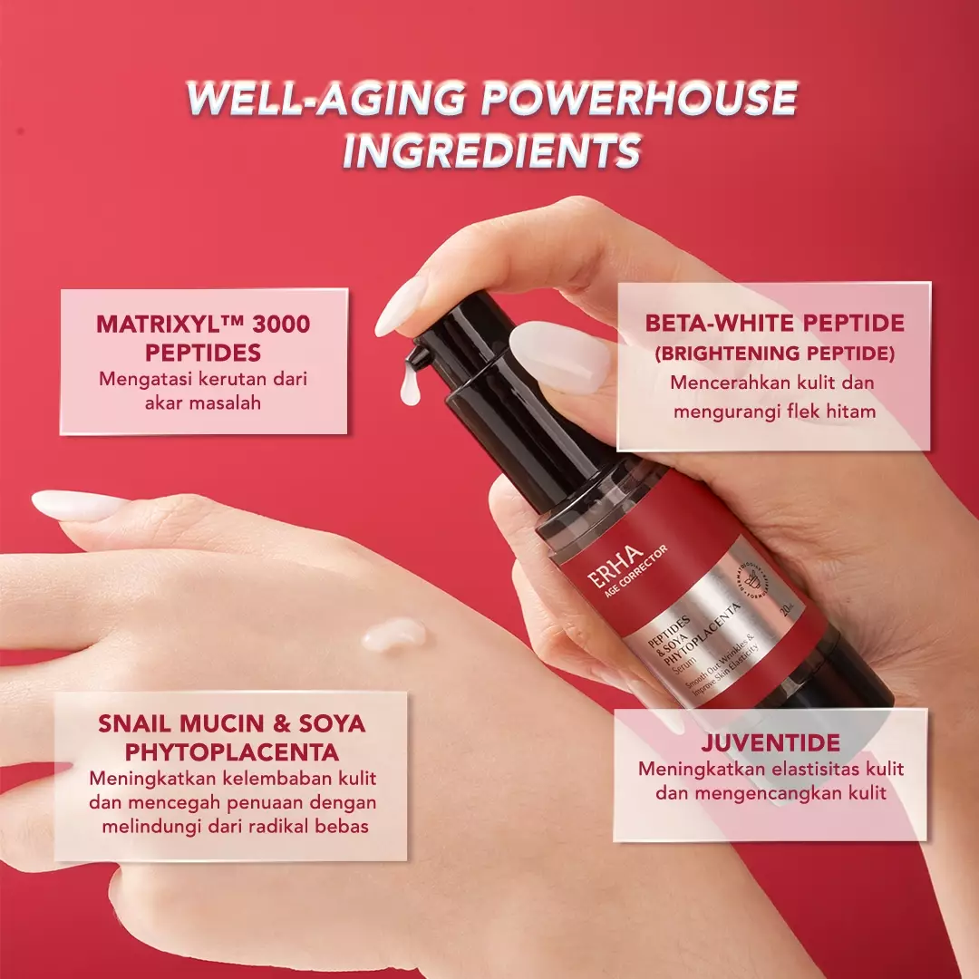 ERHA Age Corrector Serum Peptides & Soya Phytoplacenta for Well-Aging | Mengurangi Garis Halus Kerutan | Melembabkan | Boost Kolagen | Mencerahkan Flek Hitam | Glowing Plumpy | Anti Aging | Kenyal Kencang Cerah