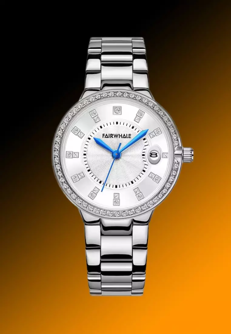 Ladies Stainless Steel Quartz Watch, 32mm, Bezel Paved with Crystals, Stainless Steel Bracelet