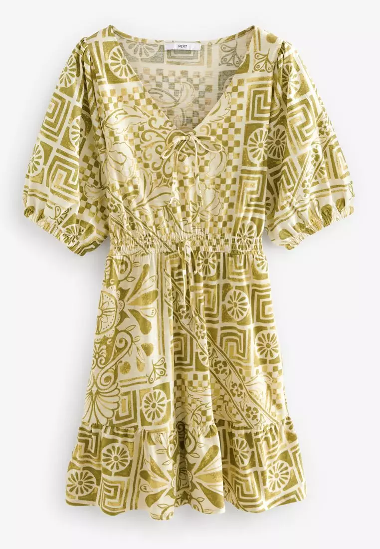 Puff Sleeve Tie Detail Mini Dress
