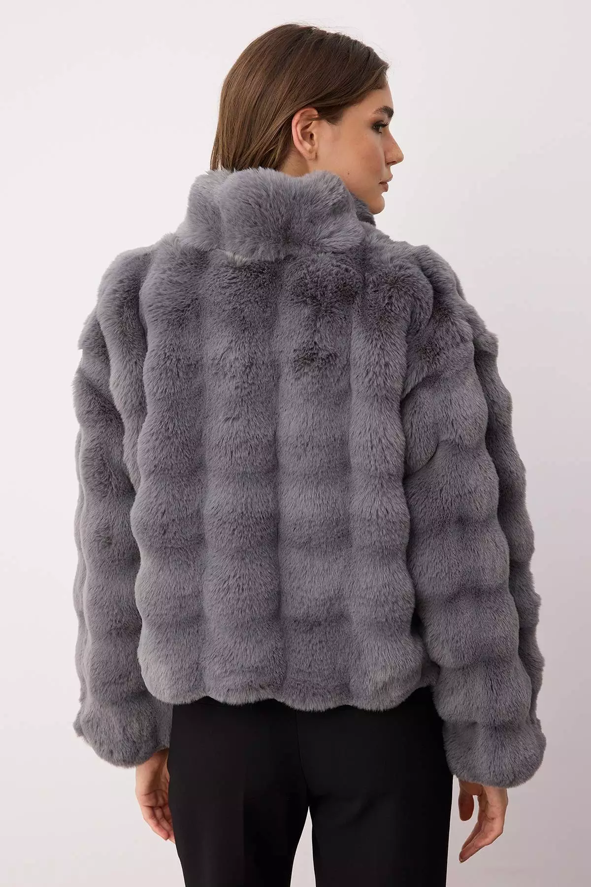 Gray Regular Fit Fur Coat