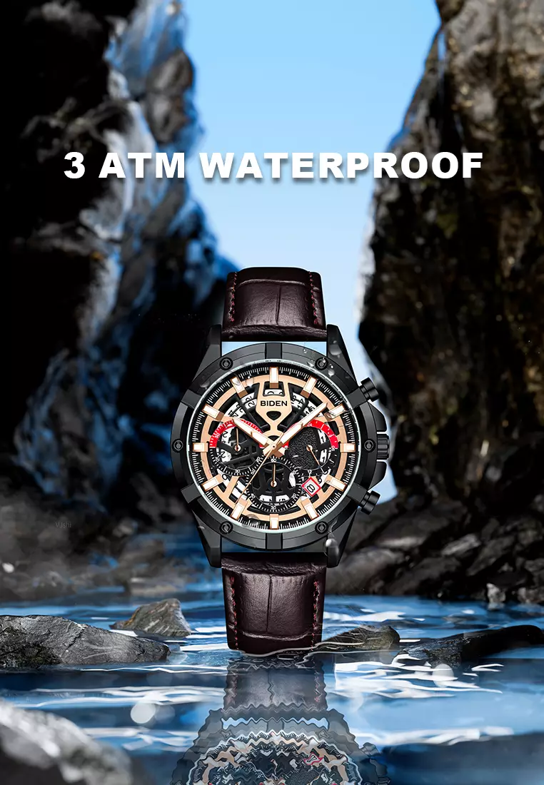 Jam Tangan Pria Original Kalender Sports Anti Air Tali Kulit Jam Tangan Cowok Brown black