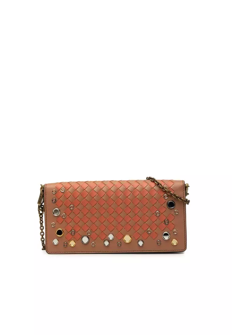 Pre-Loved Bottega Veneta Nappa Intrecciato Studded Wallet On Chain