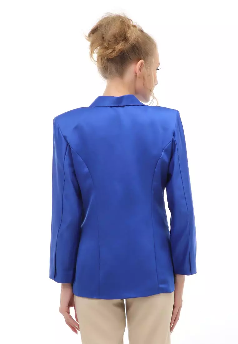 Qemsya Outer Blazer Kasual Formal Wanita Lengan Panjang Material Wool Twist ORIGINAL - Blue