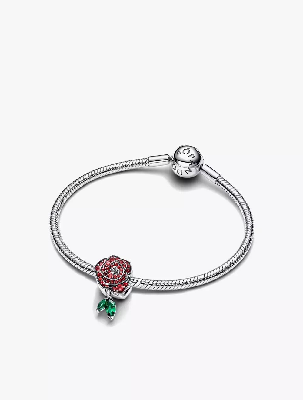 Rose sterling silver charm with red cubic zirconia and royal green crystal