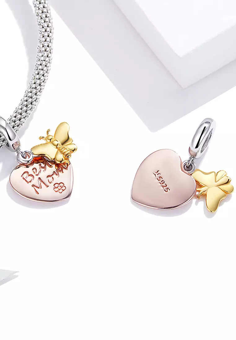 Solid 925 Sterling Silver Best Mom Heart and Butterfly Charm