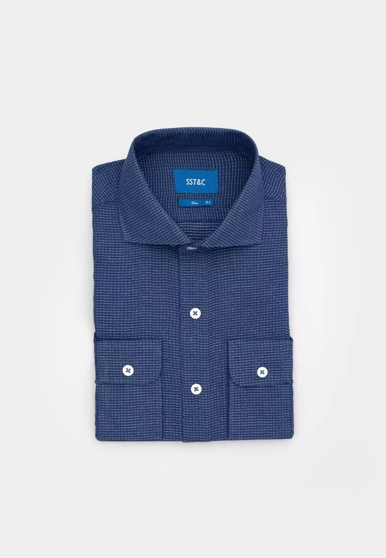 Dark Blue and White Textured Slim Fit Shirt