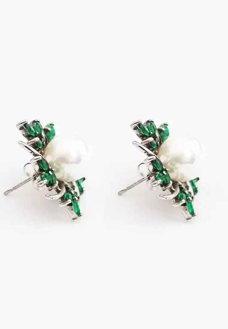 Petals Pearls Swarovski Earrings Green