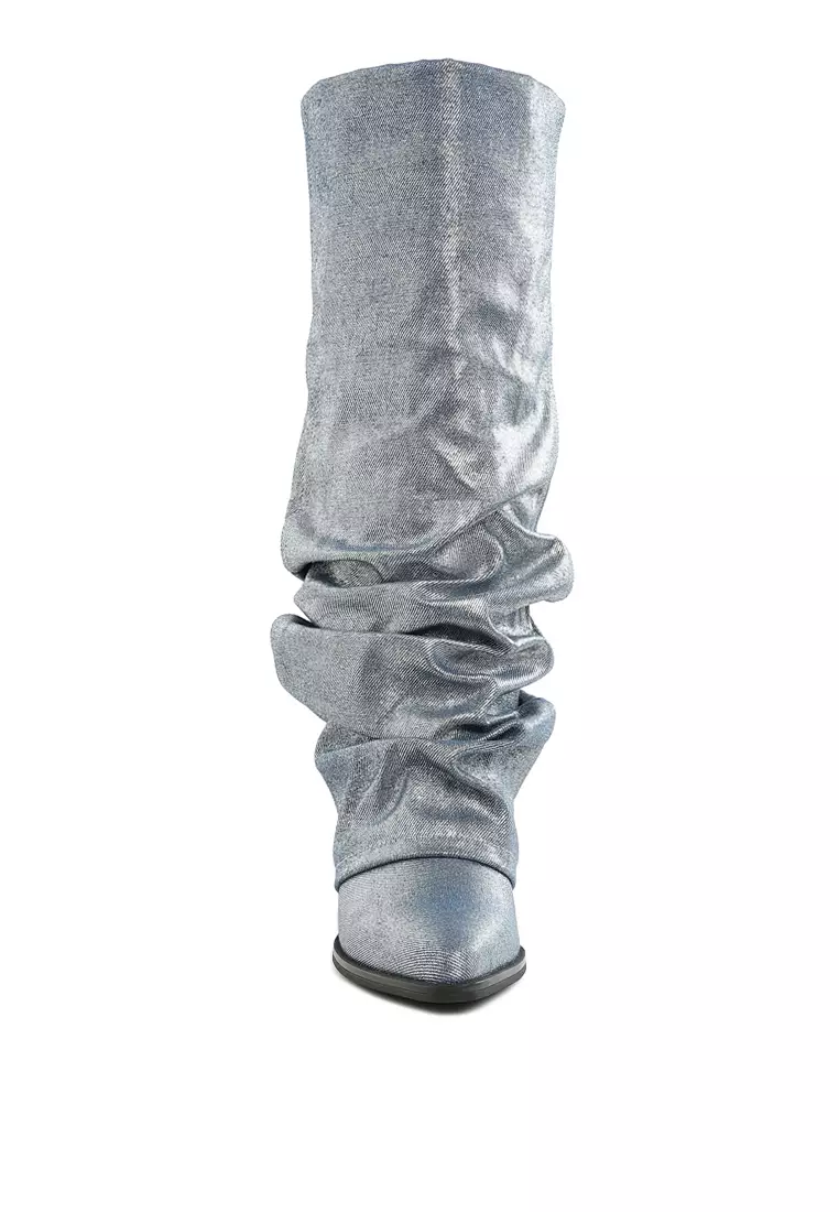 Fold-Over Slouchy Denim Boot in Blue