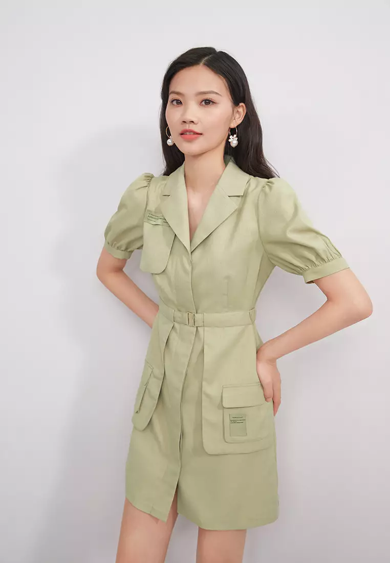 Puff Sleeve Single Breasted Mini Dress