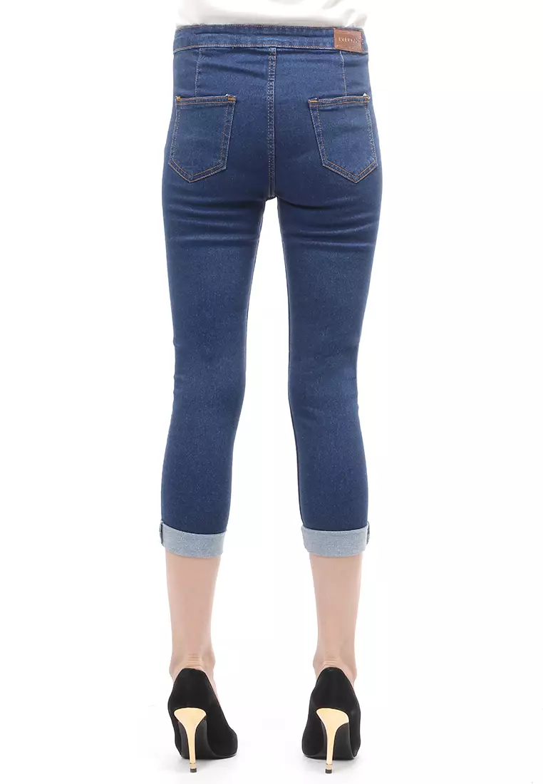 Jeans 7/9 Bawahan Wanita High Waist Design Simple Relaxed Fit - Elblue