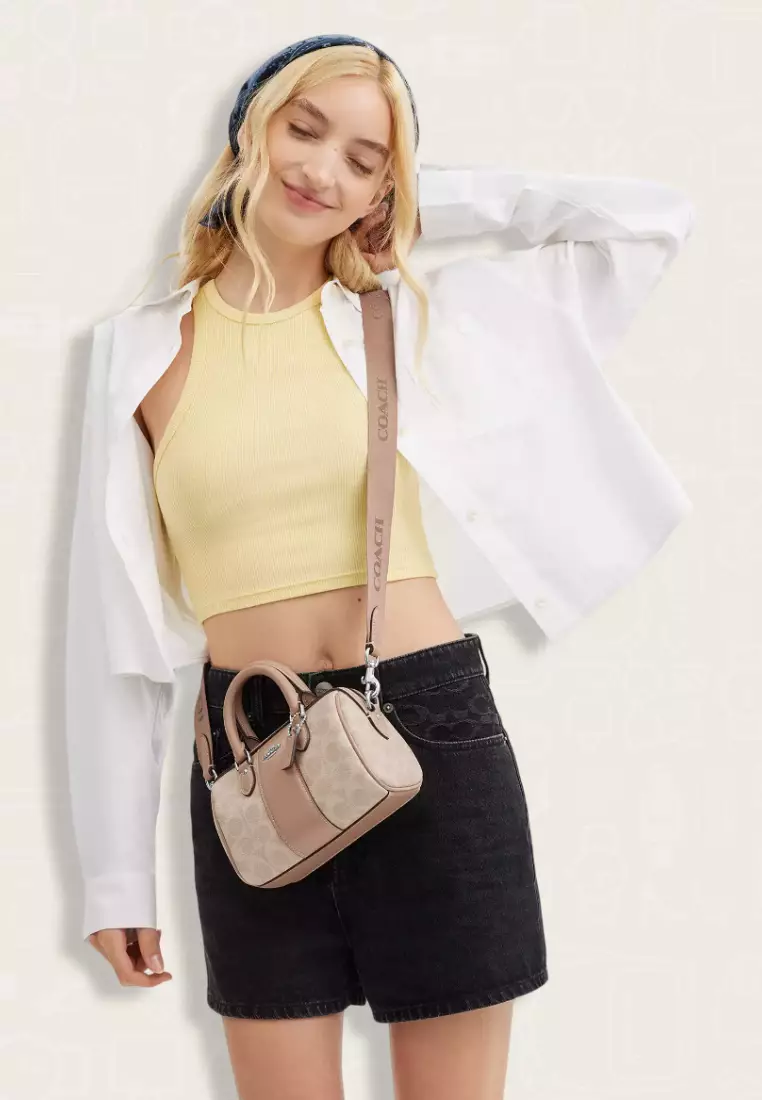 Coach Mini Roan Crossbody Signature Canvas Stripe Sand Taupe