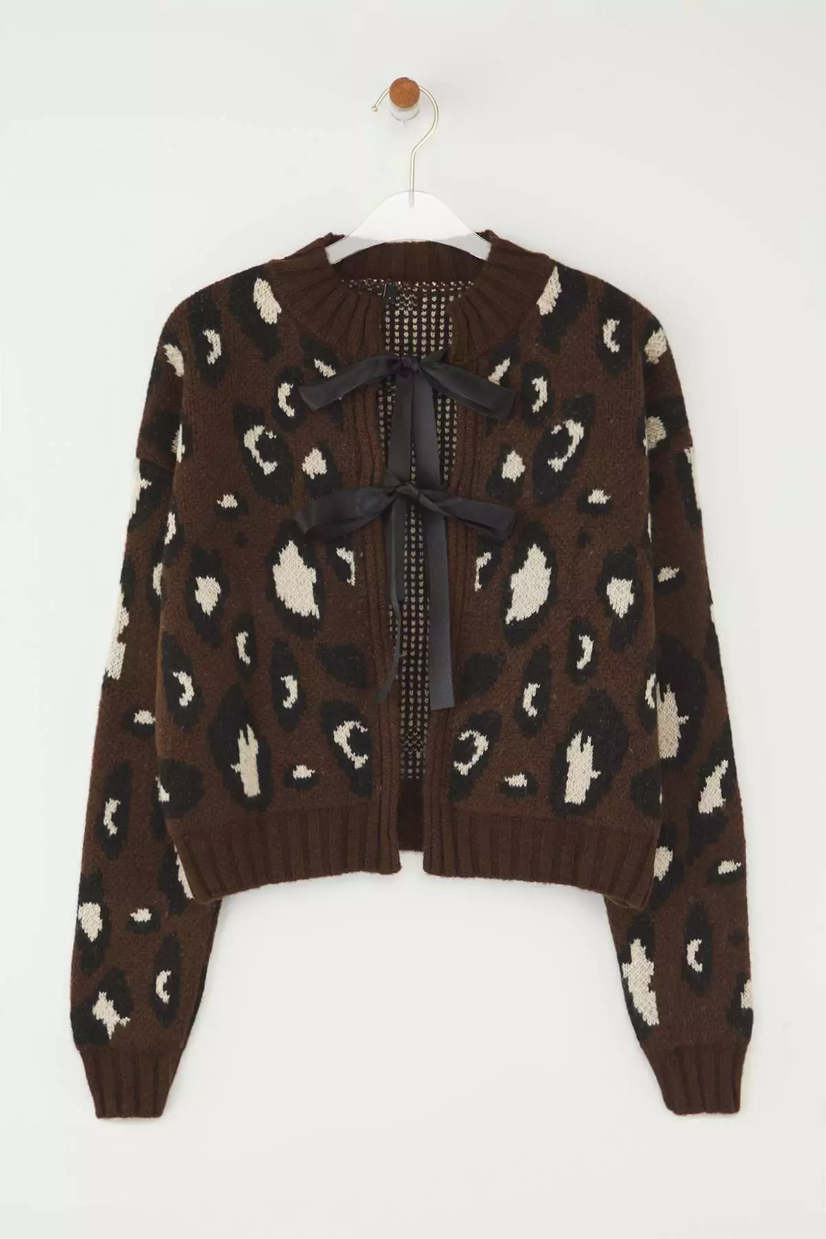 Brown Leopard Print Crop Soft Textured Knitwear Cardigan