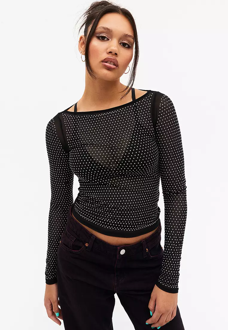 Round Neck Fitted Mesh Top Black