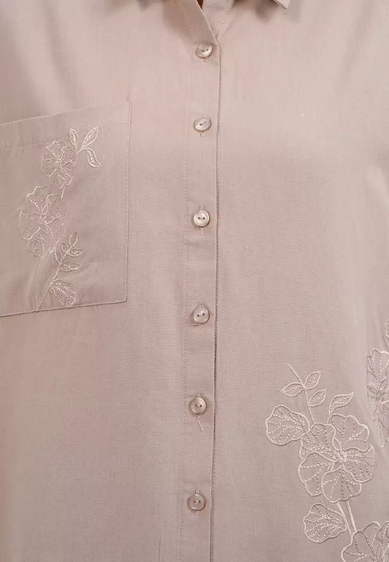 Embroidered Long Sleeve Blouse BROWN