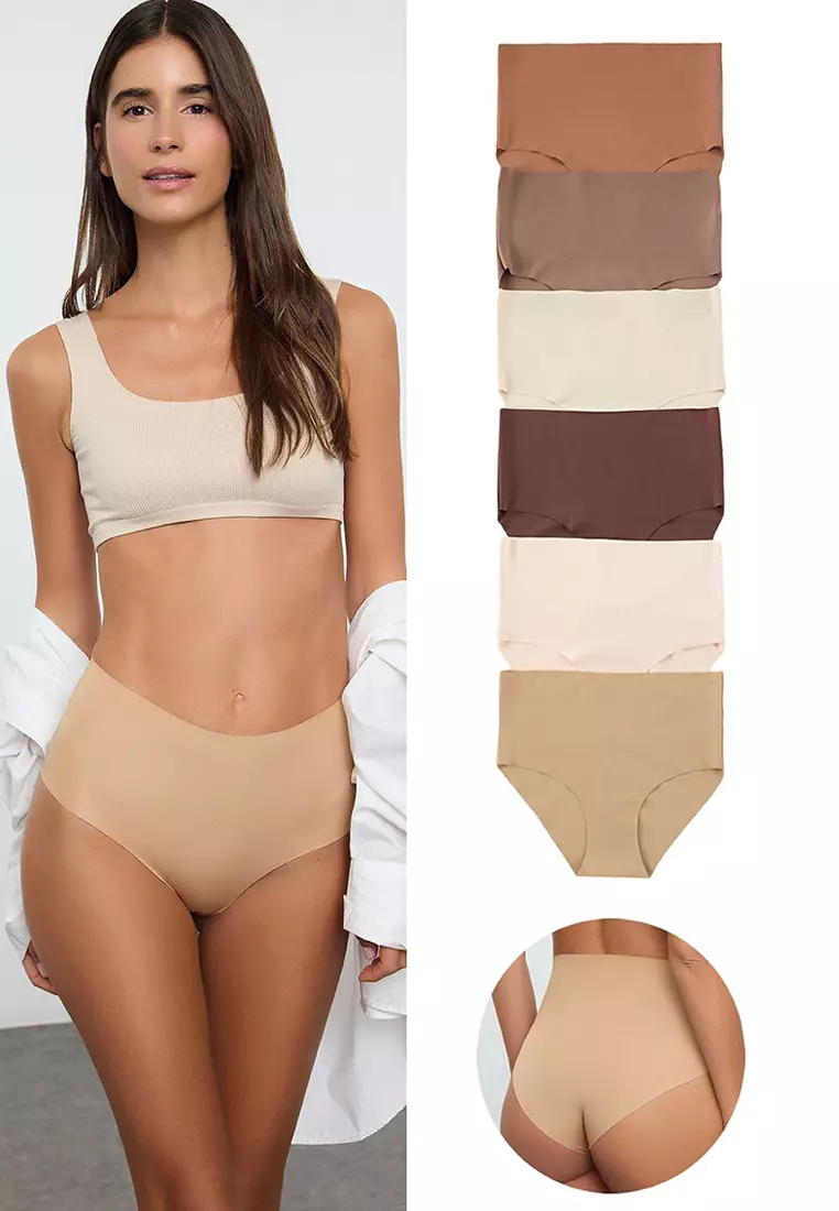 Brown 6-piece Micro Seamless/Non-Trace Laser Cut High Waist Classic Knitted Panties THMAW25KU00038