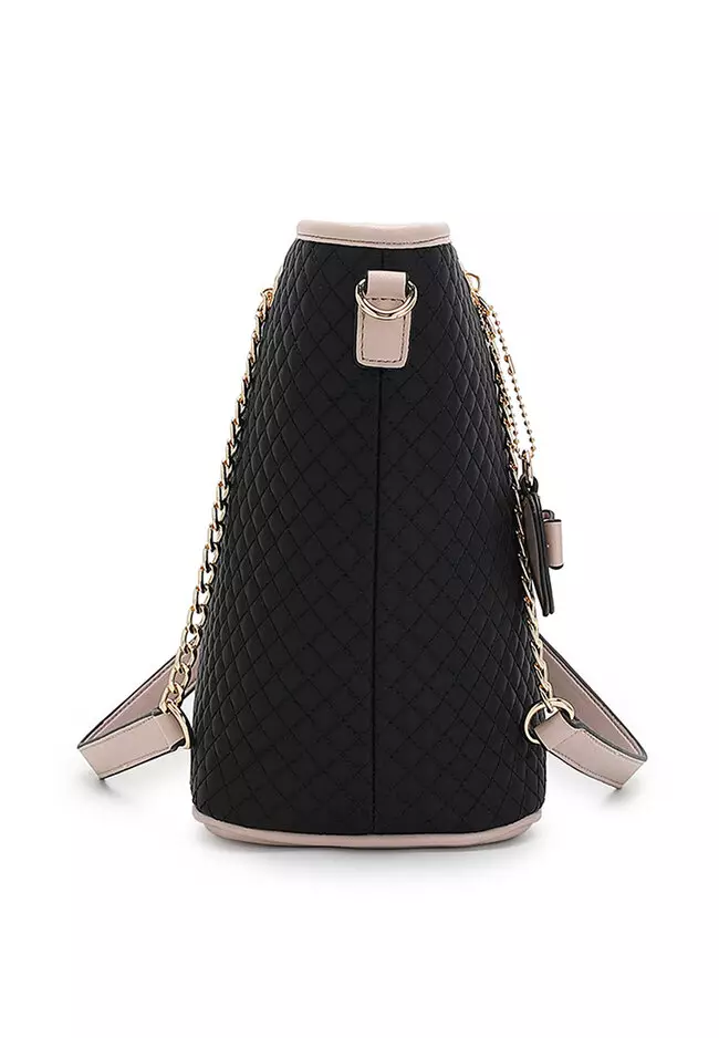 Women's 3 in 1 Quilted Handbag - Tote Bag / Wallet / Pouch  - Black