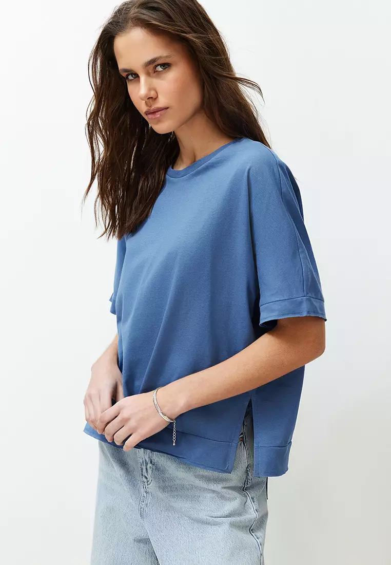 Indigo 100% Cotton Slit And Slit Detailed Oversize/Relaxed Cut Knitted T-Shirt Twoss24Ts00027