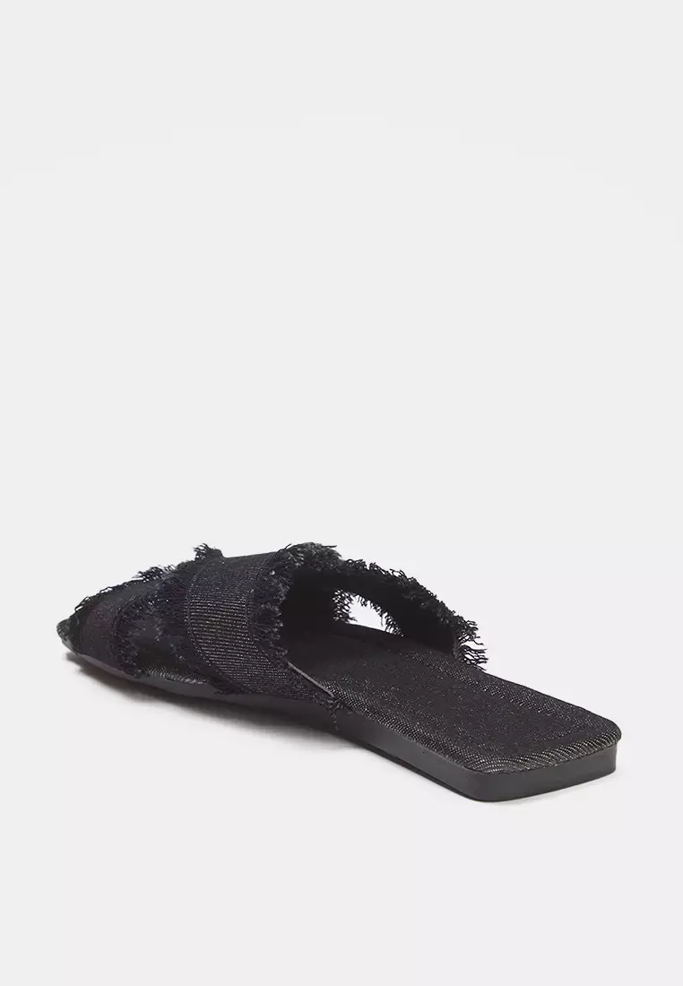 Black Tassel Detailed Denim Cross Strap Women's Slippers Takss25Te00043