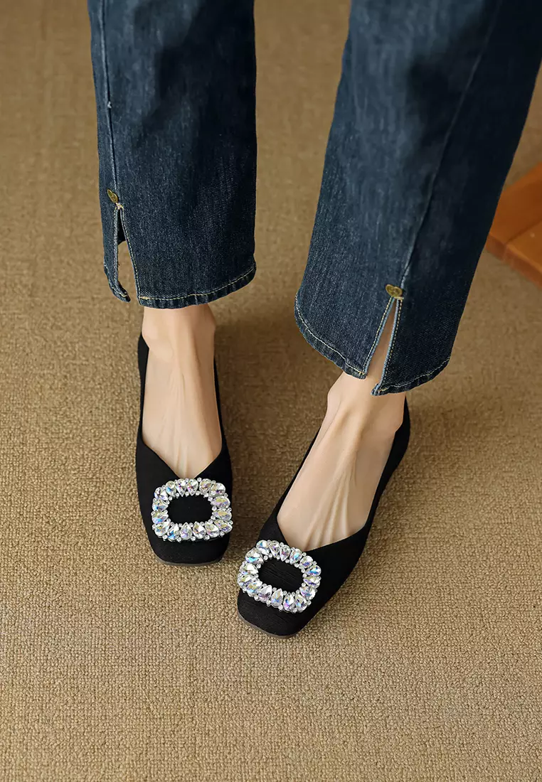 Rhinestone Buckle Square Toe Ballerinas WW566-2