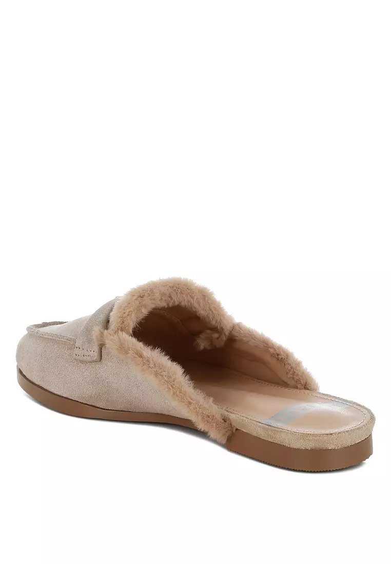 Suede & Faux Fur Slip-On Mules in Beige
