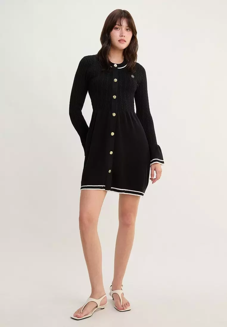 Contrast Trim Knit Mini Dress - Black