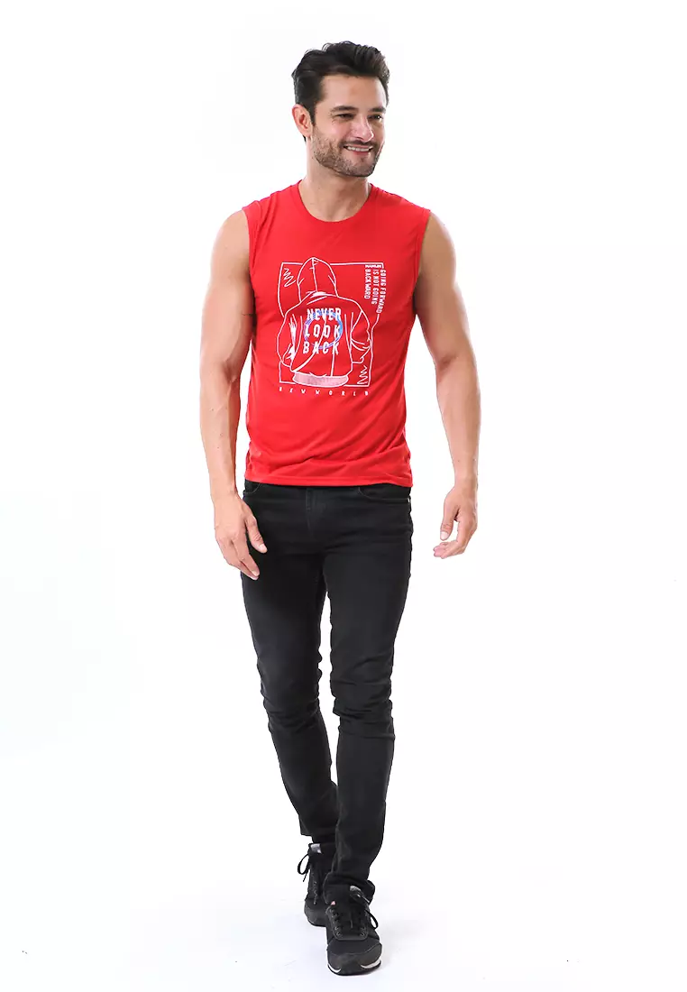 Bobby Atasan Kasual Pria Singlet Motif Never Look Back Sleeveless Tshirt Material Cotton ORIGINAL - Red
