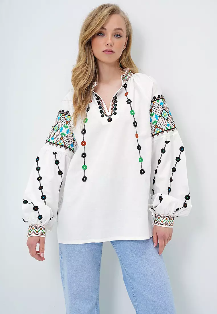 Jual Alacati Women's White Judge Collar Embroidery Embroidered Linen ...