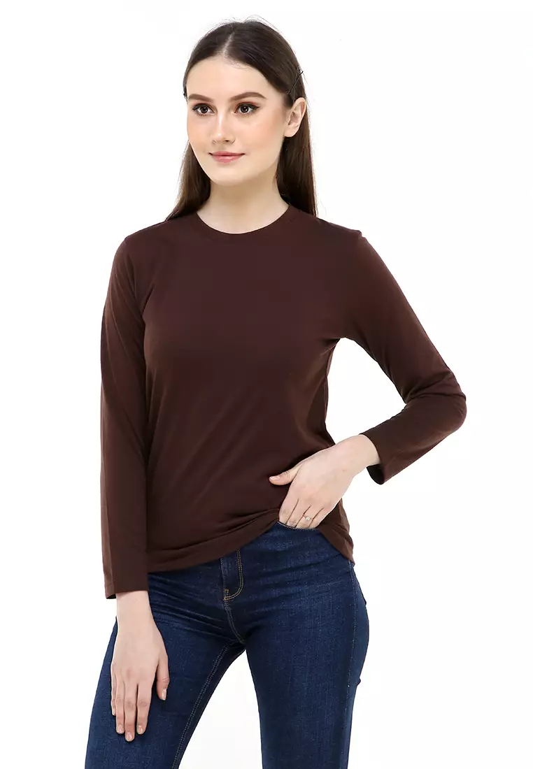 Seth Tshirt Long Sleeve Motif Polos Design Simple Atasan Wanita - Coklat