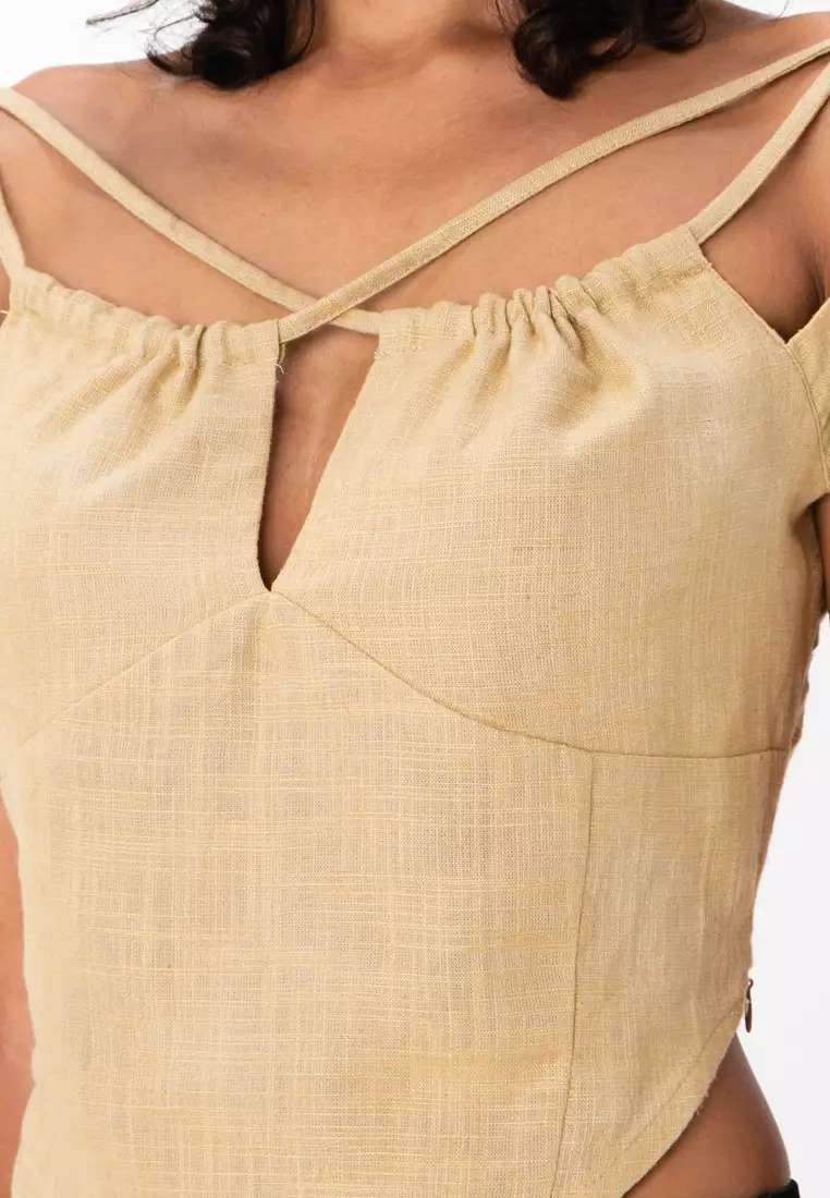 Strappy Cross Neck Top With Capped Sleeve And Ruched Keyhole Detail