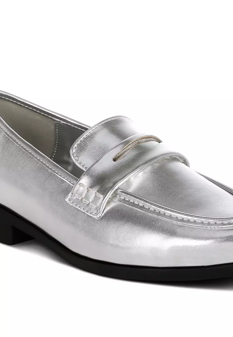 Metallic Faux Leather Flat Loafers in Silver