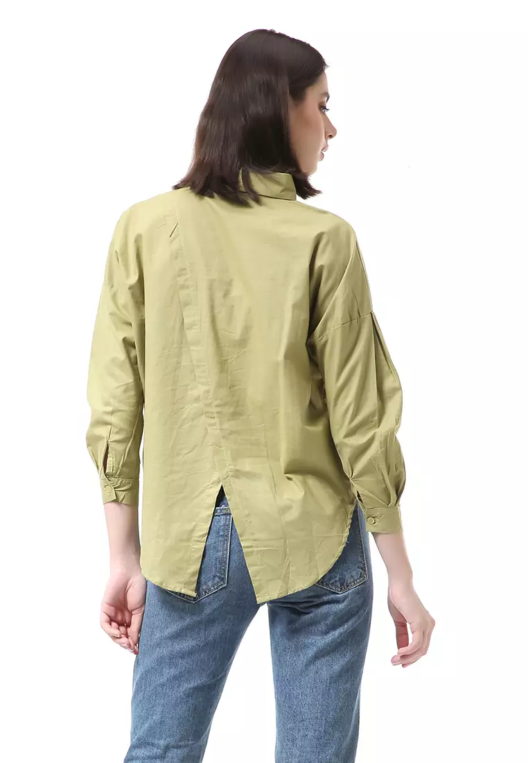 Brielle Atasan Wanita Kemeja Kasual Lengan Panjang Detail Silang Bagian Belakang Material Cotton ORIGINAL - Sage